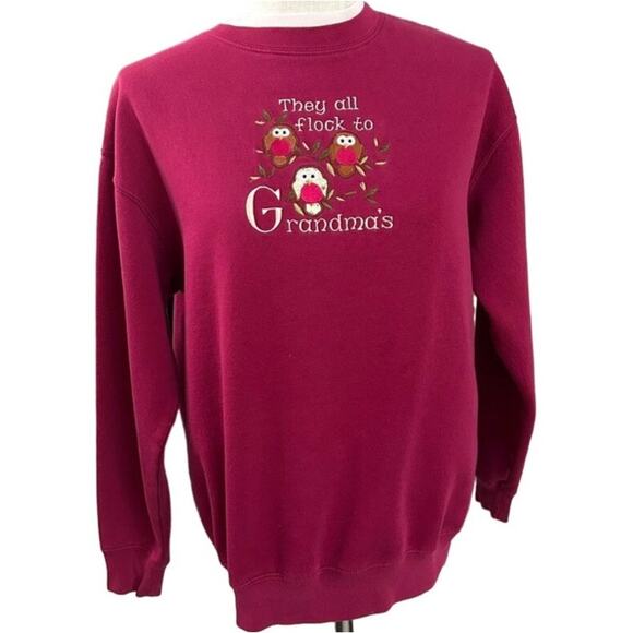 Vintage "They All Flock to Grandmas" Embroidered Owl Sweatshirt M Red Cottage - Picture 2 of 10